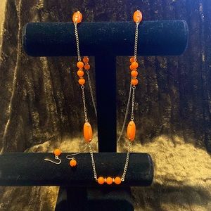 17” Silver Tone Chain w/Orange Beads & Earrings
